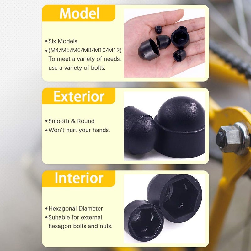 Rustark 160 Pcs Bolt Covers Screw Caps Assortment Kit M4 M5 M6 M8 M10 M12 Plastic Black Fitting Caps Nylon Insert Locknut for Matching Screws or Bolts with Storage Box - Image 4